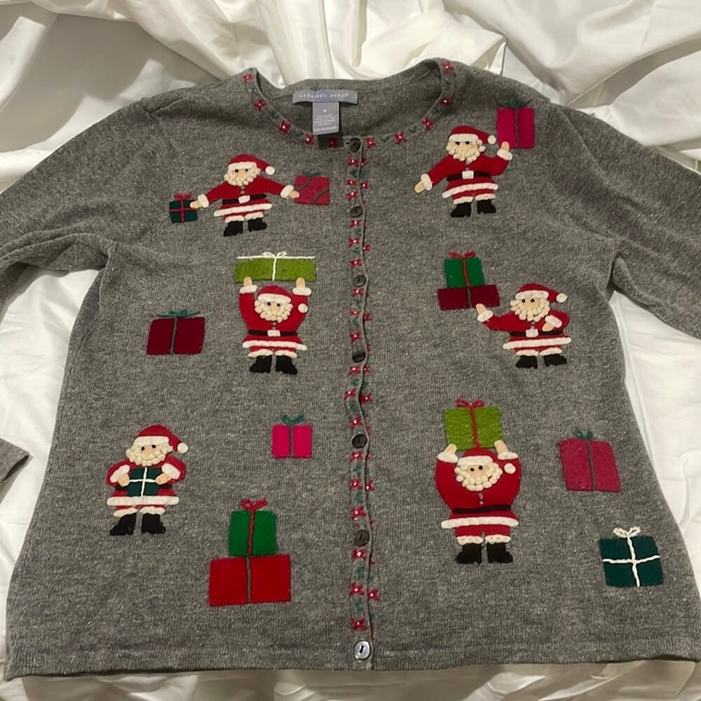 Carroll Reed M Heather grey Santa embroidered sweater worn once euc ramie cotton